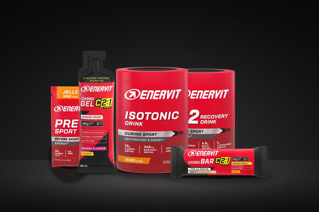 Športová výživa ENERVIT: PRE Sport, Carbo Gel C2:1, Isotonic Drink, R2 Recovery Drink a Carbo Bar C2:1