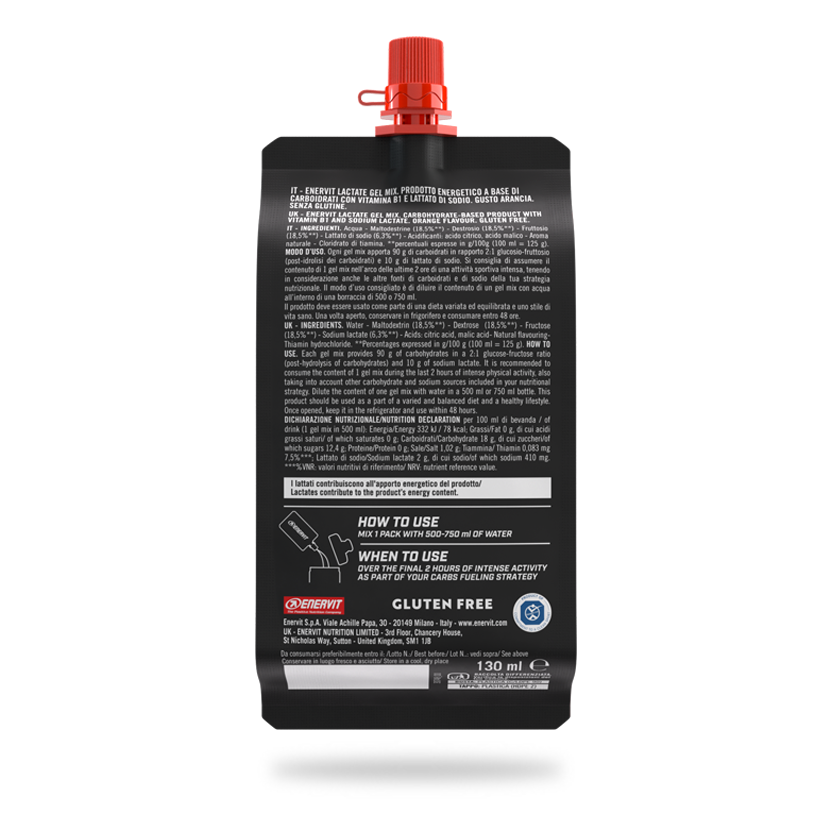 ENERVIT Lactate Gel Mix C2:1 – zadná strana so zložením a výživovými údajmi